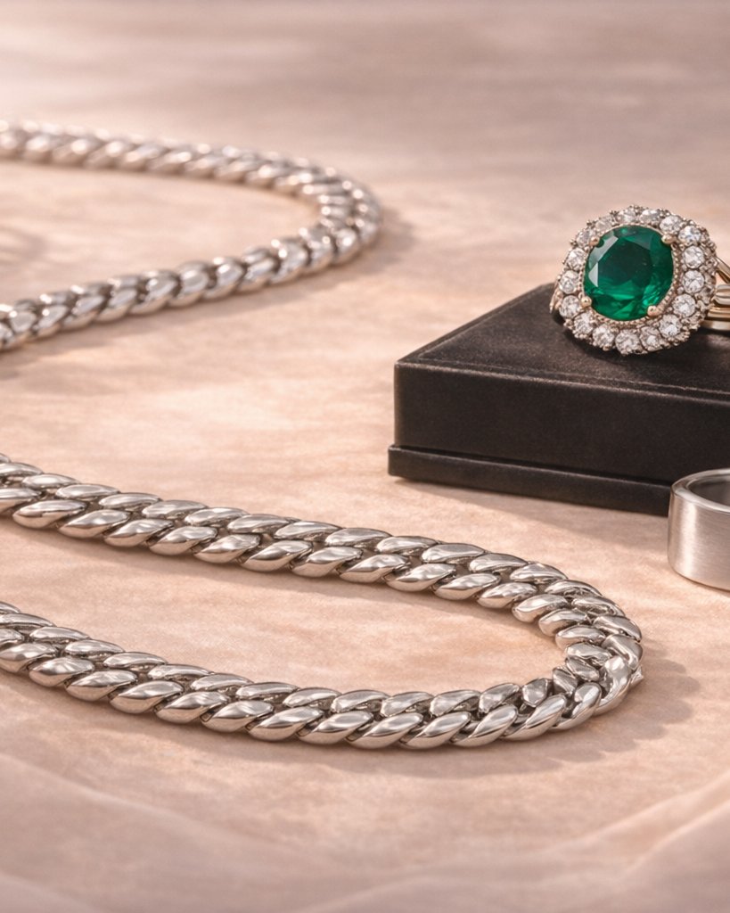A silver curb-chain necklace and an emerald halo ring, styled for gifting