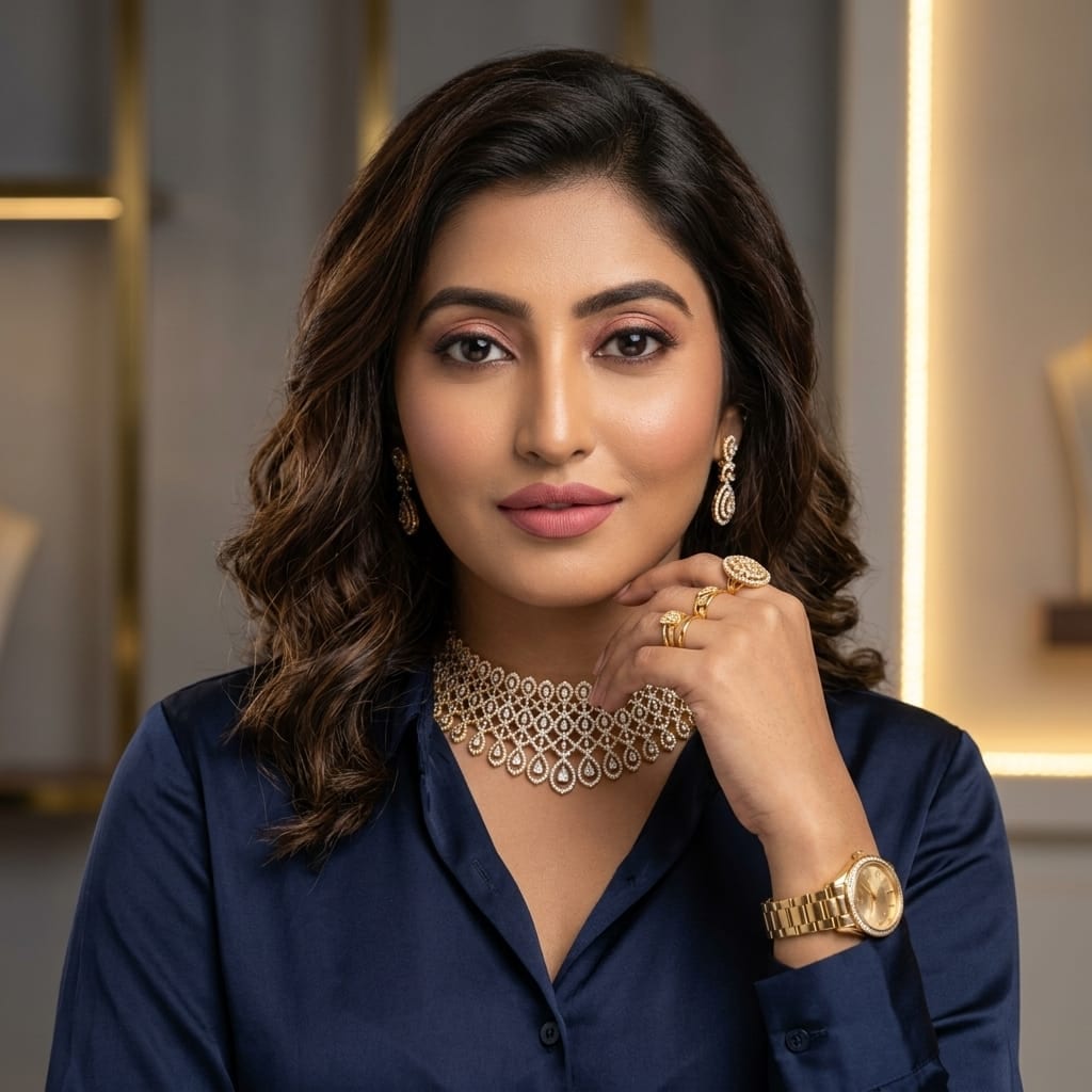 Vetra Jewels model wearing minimal gold jewelry
